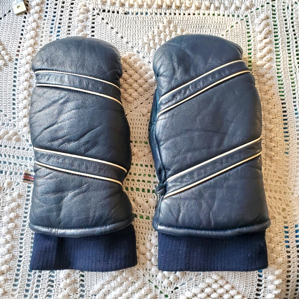 Vintage Gordini blue leather ski mittens medium